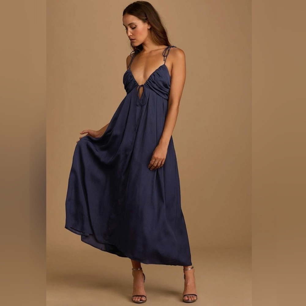 Lulus Navy Blue Satin Tie-Back Maxi Dress - Size S